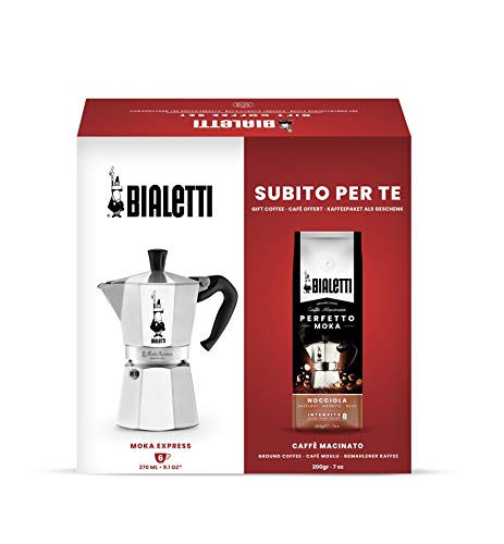 Bialetti 0003532 Moka Express-Cafetera de 6 Tazas + café molido, 200 g, Sabor Avellana, Paquete de Regalo, Aluminio