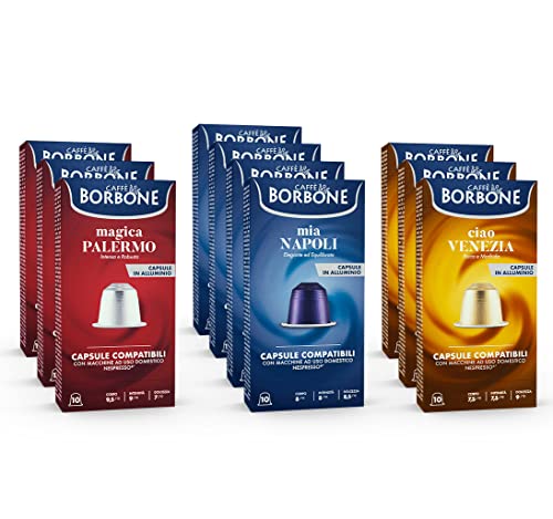 Caffè Borbone Kit Degustación 100 cápsulas de ALUMINIO: 40 Mia Napoli, 30 Ciao Venezia, 30 Magica Palermo - (10 paquetes de 10 cápsulas) - Compatible con cafeteras Nespresso®* de uso doméstico