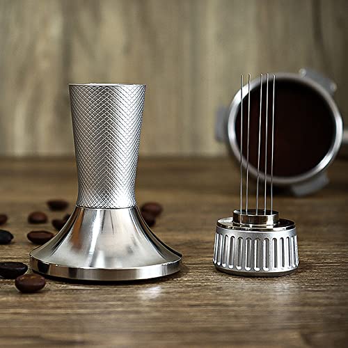 Frunimall Tamper de café con Herramienta WDT 2 en 1, Accesorio Barista, Espresso, triturador de café, Aguja, Tamper, Aguja reguladora de presión, Distribuidor de manipulación, 53 mm (Plata)
