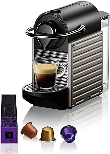 Krups Nespresso Pixie XN304T - Cafetera monodosis de cápsulas Nespresso, Compacta, 19 bares, Apagado automático, 0.7 l, Color Gris Titanio, 14 cápsulas interior