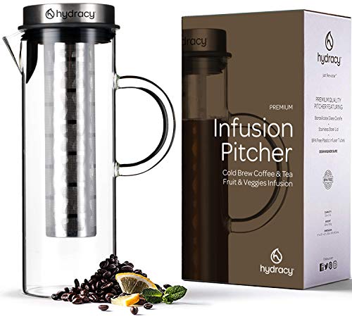 Hydracy Cold Brew Cafetera de infusiónd e café y té fría - Jarra Grande de Cristal 1,5L - Jarra Helado con Tapa de Acero Inoxidable y Filtro de Malla - Tubo Adicional para infusiones de Frutas