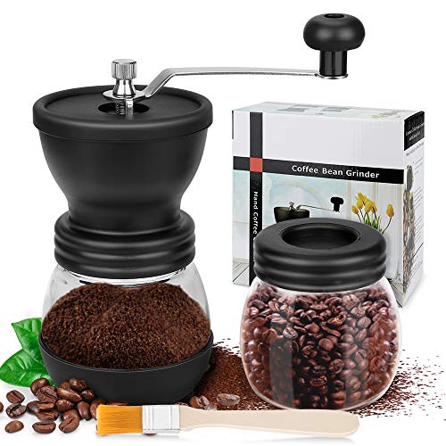 CHUER Molinillo de Café Manual, Molino de Cerámica de Grosería Ajustable + 1 x Cepillo para Limpiar y 1 x Botella Almacenmiento, Manivela Compacta para Hogar, Oficina y Viajes