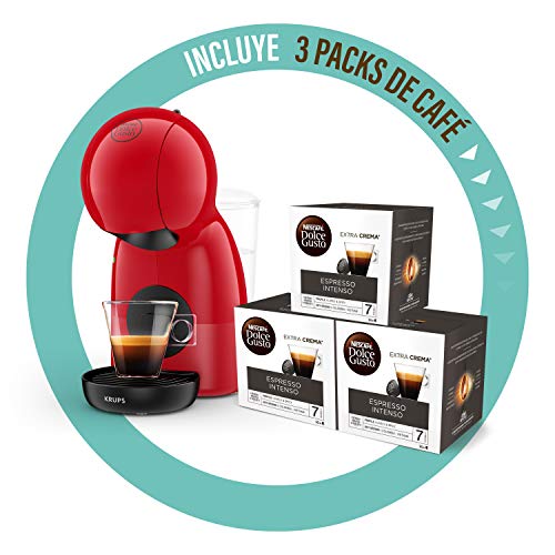 Krups Piccolo KP1A05 - Cafetera cápsulas Dolce Gusto, 15 bares y 1500 W, con depósito de 0.8 l, monodosis multibebidas frías y calientes, manual, Rojo + 3 Packs Café Intenso