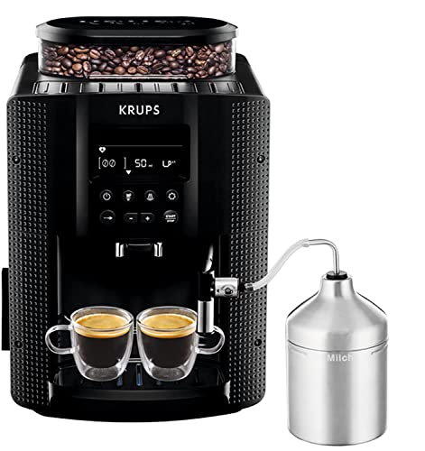 Krups Essential EA8160 - Cafetera súper automática, 15 Bares de presión, Molinillo cónico de Metal, con selección de cantidad e Intensidad de café, 1.7 l, 1 Cups, Acero, Pantalla LCD + Acc. Leche