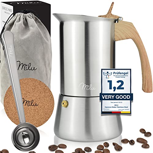 Milu Cafetera Italiana inducción| 2, 4, 6, 9 Tazas | Cafetera Moka de Acero Inox, Expresso Maker - Set comprensivo di sottobicchiere, cucchiaio, spazzola (Aspecto madera, 9 tazas (450ml)