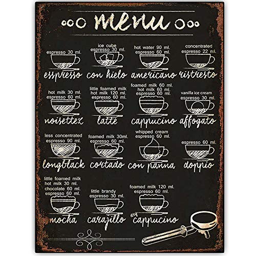 Diseño retro original 15 recetas de café menú de madera signos arte de pared | Tablero de madera natural impresión cartel decoración de pared para café/cocina/cafetera